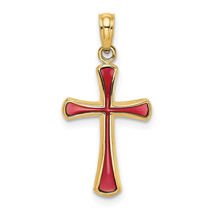 Million Charms 14K Yellow Gold Themed Pink Stained Glass Tapered Relgious Cross Charm