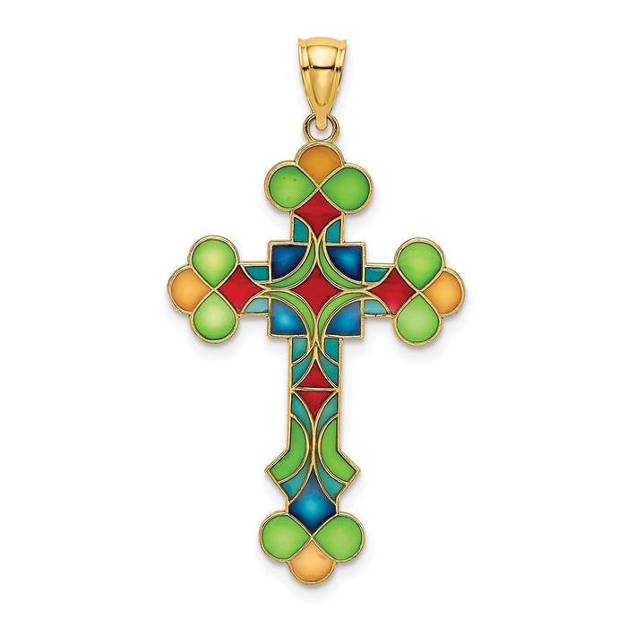 Million Charms 14K Yellow Gold Themed Multi Color Stained Glass Relgious Cross Charm