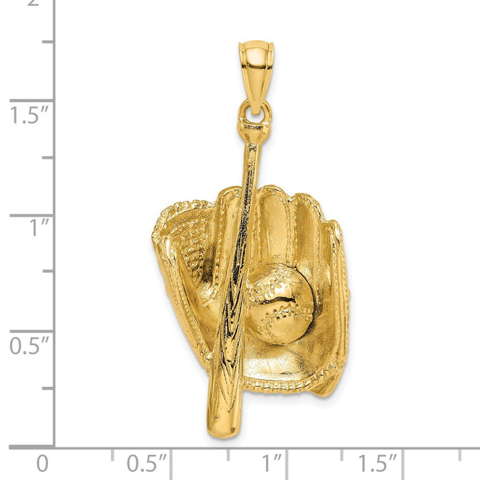 Million Charms 14K Yellow Gold Themed 3-D Sports Baseball Glove, Bat, Ball Charm