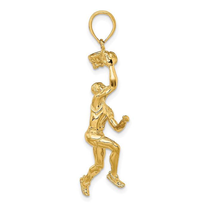 Million Charms 14K Yellow Gold Themed 3-D Sports Basketball Player With Raised Ball & Partial Hoop Charm