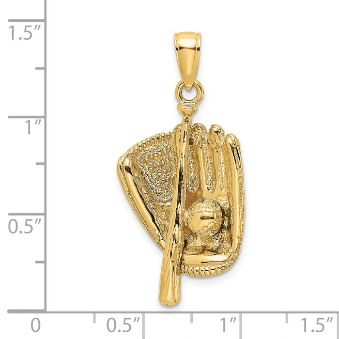 Million Charms 14K Yellow Gold Themed 3-D Sports Baseball Glove, Bat & Ball Charm