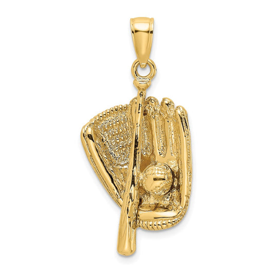 Million Charms 14K Yellow Gold Themed 3-D Sports Baseball Glove, Bat & Ball Charm
