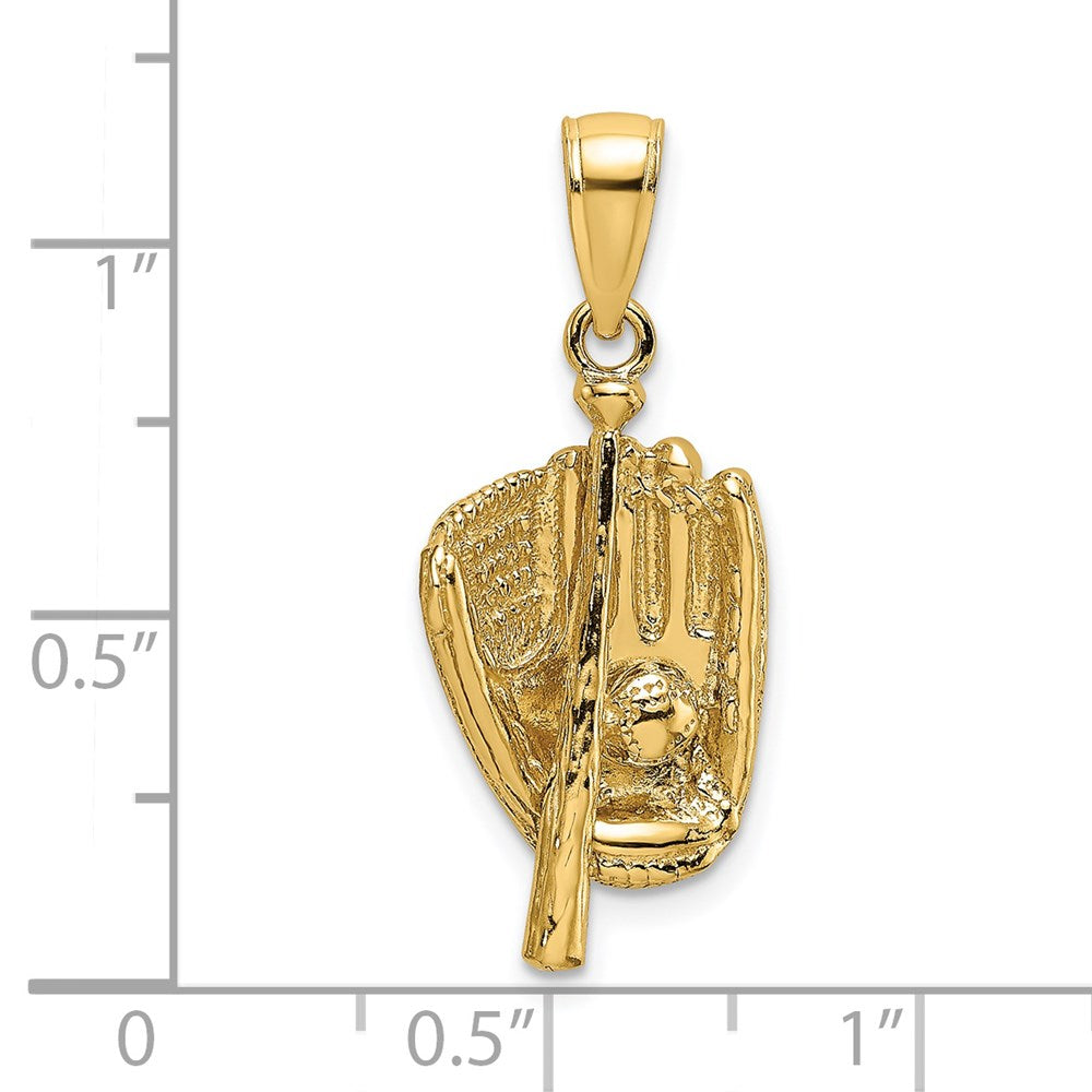 Million Charms 14K Yellow Gold Themed 3-D Polished Sports Baseball Glove, Bat & Ball Charm
