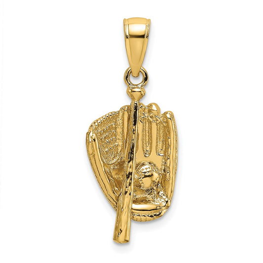 Million Charms 14K Yellow Gold Themed 3-D Polished Sports Baseball Glove, Bat & Ball Charm