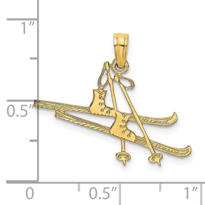 Million Charms 14K Yellow Gold Themed Polished & Engraved Snow Skies, Boot & Pole Charm