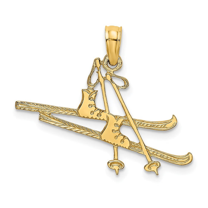 Million Charms 14K Yellow Gold Themed Polished & Engraved Snow Skies, Boot & Pole Charm