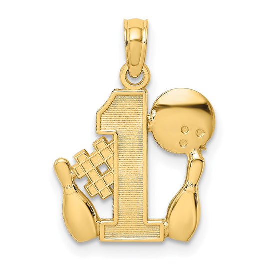 Million Charms 14K Yellow Gold Themed #1 Bowling Story With Ball & Two Pins Charm