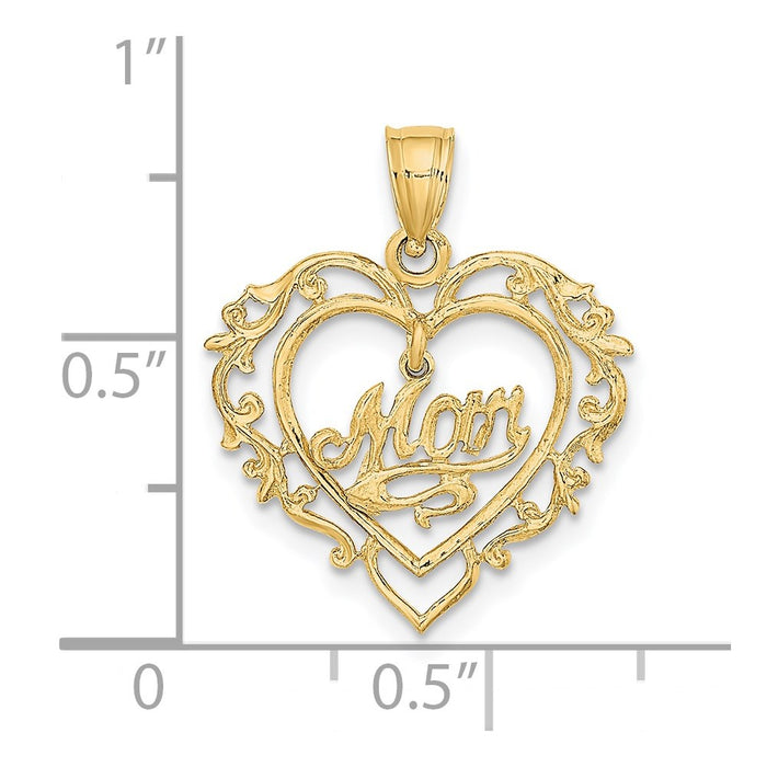 Million Charms 14K Yellow Gold Themed Polished Mom Dangle In Fancy Frame Heart Pendant