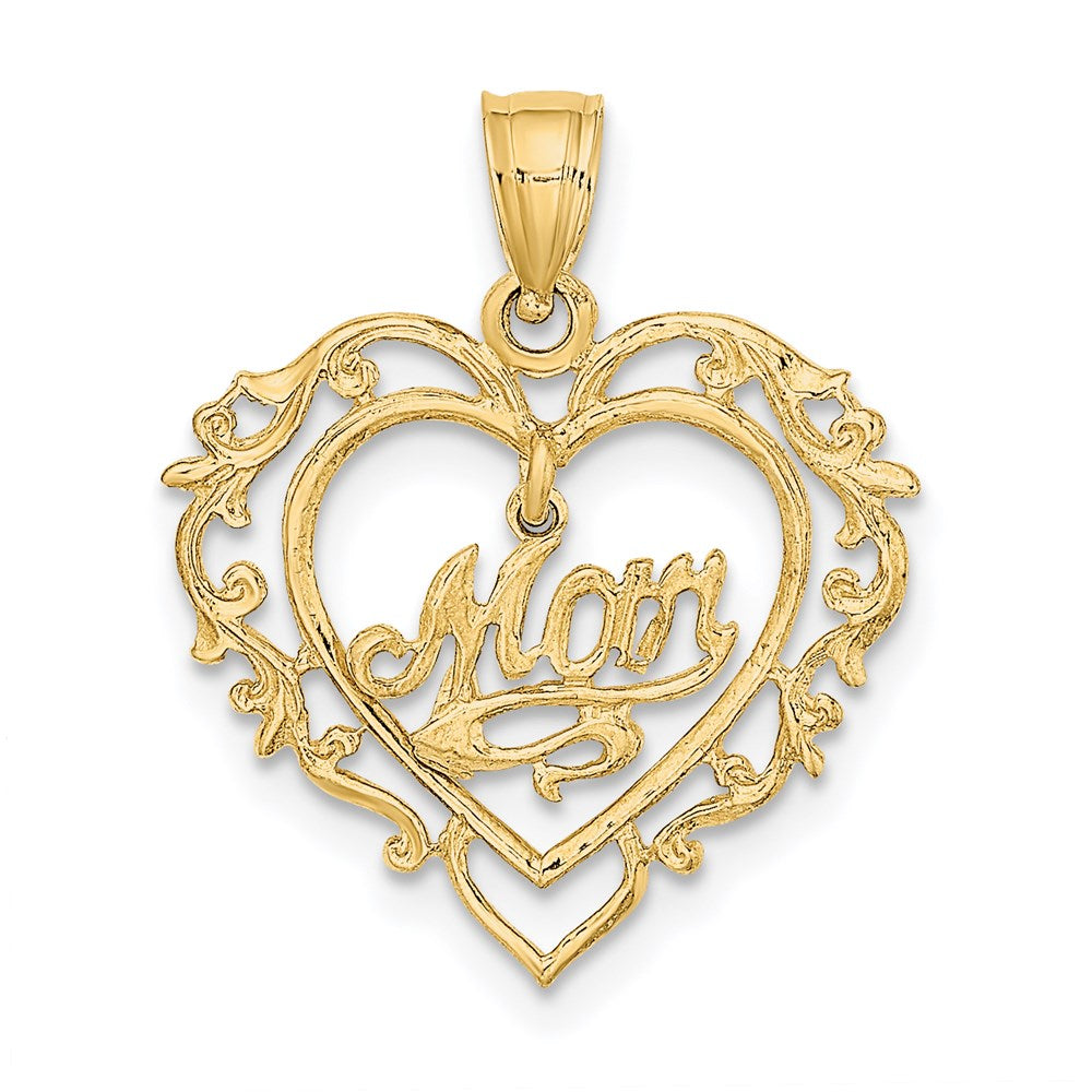 Million Charms 14K Yellow Gold Themed Polished Mom Dangle In Fancy Frame Heart Pendant