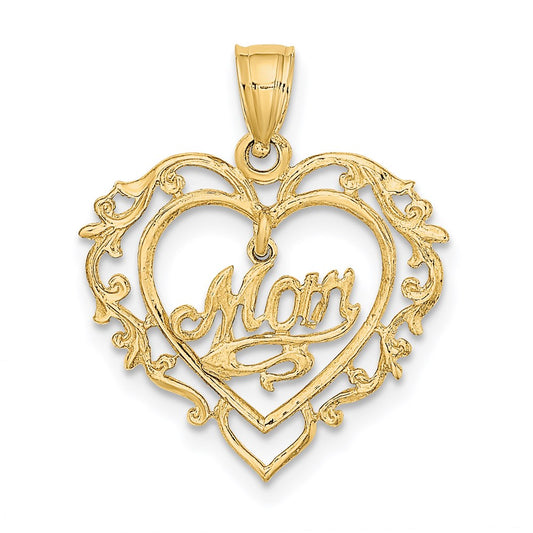 Million Charms 14K Yellow Gold Themed Polished Mom Dangle In Fancy Frame Heart Pendant
