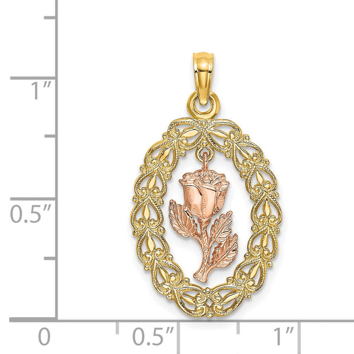 Million Charms 14K Two-Tone Textured Oval Frame Dangling Rose Charm