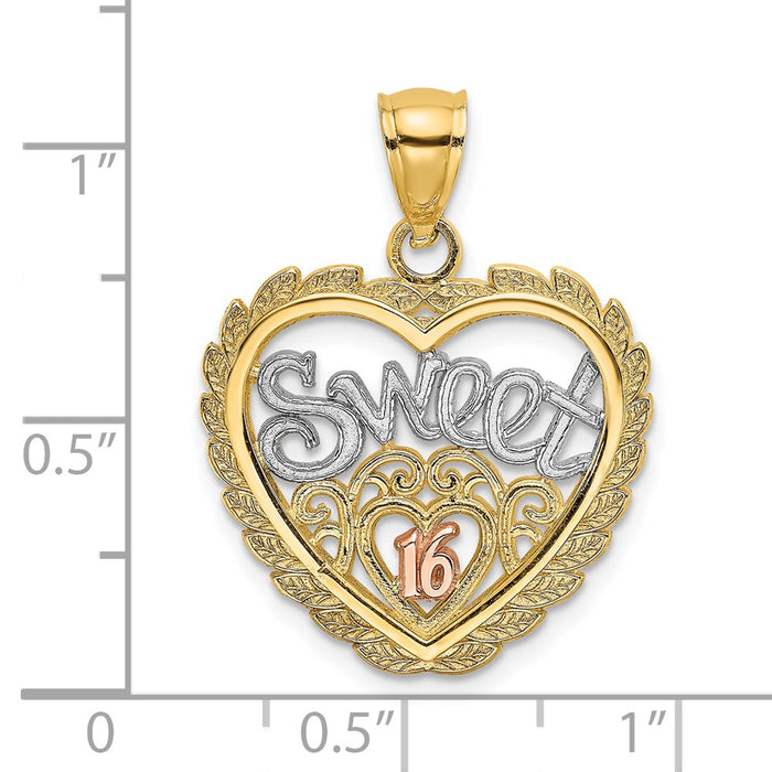 Million Charms 14K Tri-Color Sweet 16 Birthday In Heart Charm