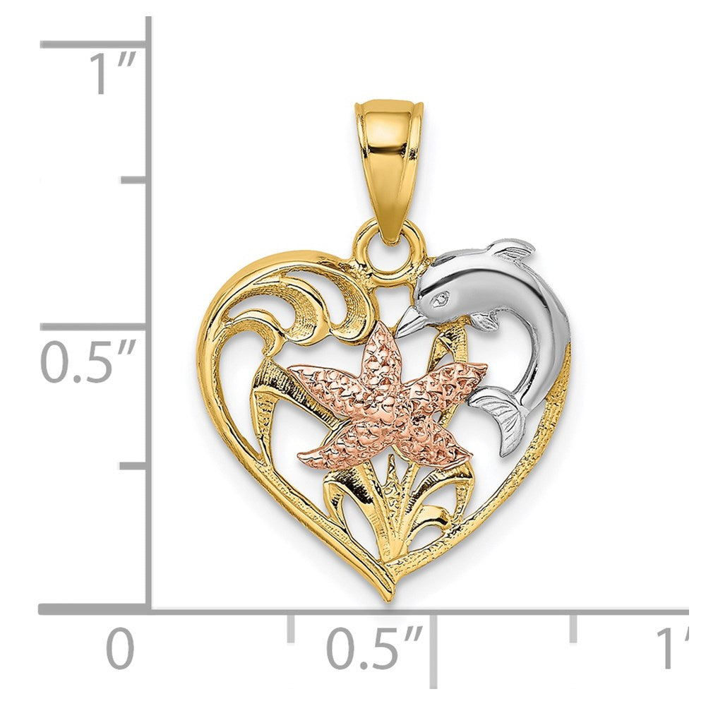 Million Charms 14K Tri-Color Dolphin & Nautical Starfish In Heart Charm