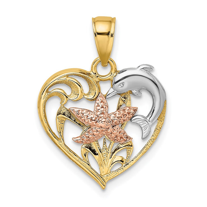 Million Charms 14K Tri-Color Dolphin & Nautical Starfish In Heart Charm