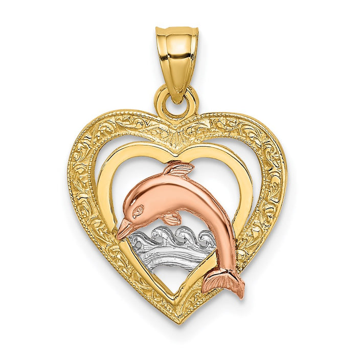 Million Charms 14K Tri-Color Dolphin In Heart Charm