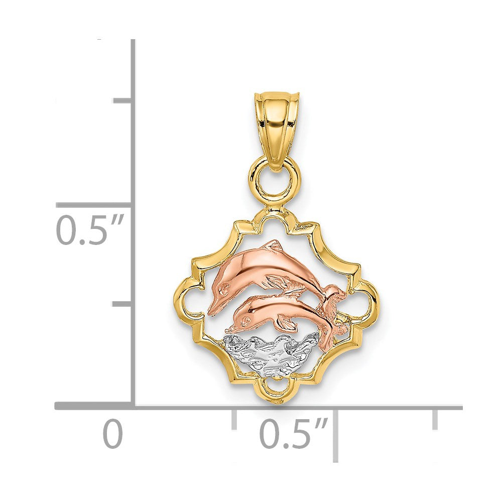 Million Charms 14K Tri-Color Double Dolphins In Frame Charm