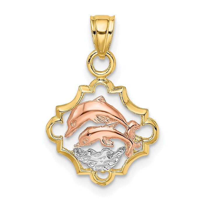 Million Charms 14K Tri-Color Double Dolphins In Frame Charm