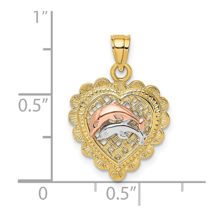 Million Charms 14K Two-Tone With White Rhodium-plated Double Dolphins On Basket Heart Charm