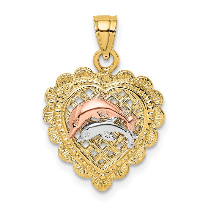 Million Charms 14K Two-Tone With White Rhodium-plated Double Dolphins On Basket Heart Charm
