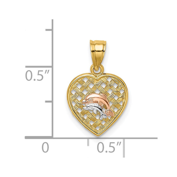 Million Charms 14K Two-Tone With White Rhodium-plated Double Dolphins On Woven Heart Charm