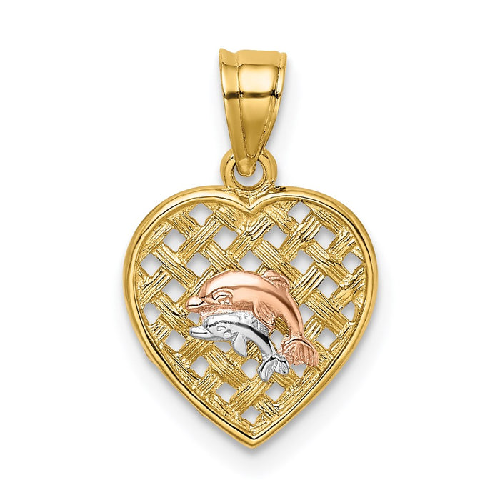 Million Charms 14K Two-Tone With White Rhodium-plated Double Dolphins On Woven Heart Charm