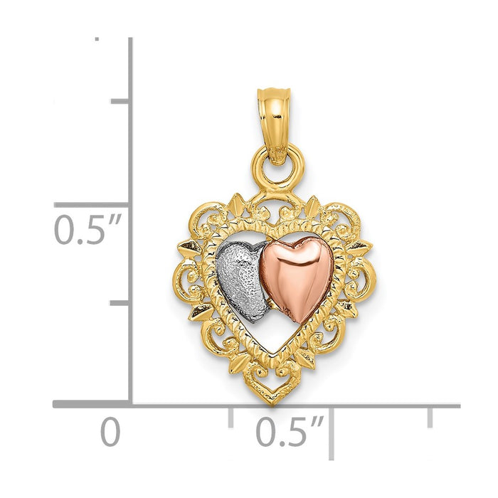 Million Charms 14K Yellow & Rose Gold Themed With White Rhodium-plated Textured Hearts Charm