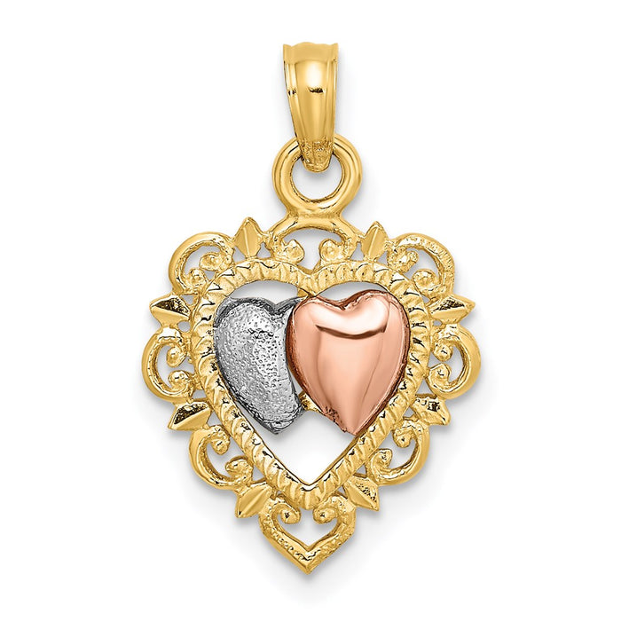 Million Charms 14K Yellow & Rose Gold Themed With White Rhodium-plated Textured Hearts Charm