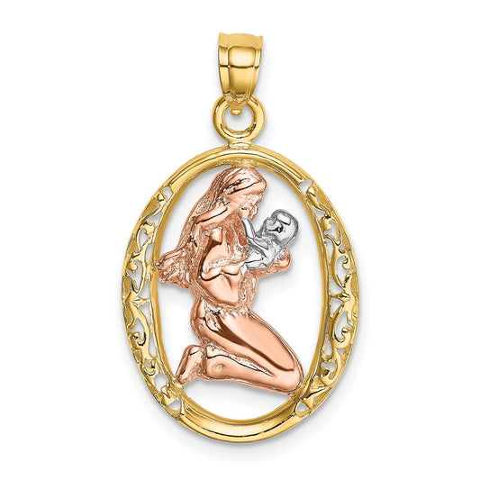 Million Charms 14K Tri-Color Mother & Baby In Oval Frame Charm