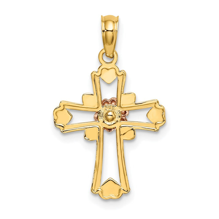 Million Charms 14K Tri-Color Relgious Cross With Flower & Heart Charm