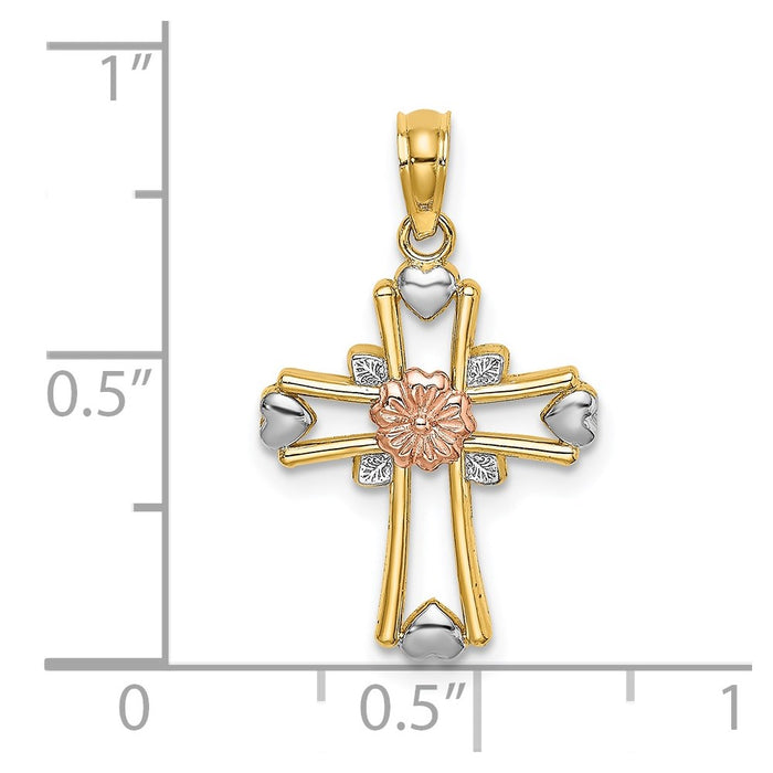 Million Charms 14K Tri-Color Relgious Cross With Flower & Heart Charm