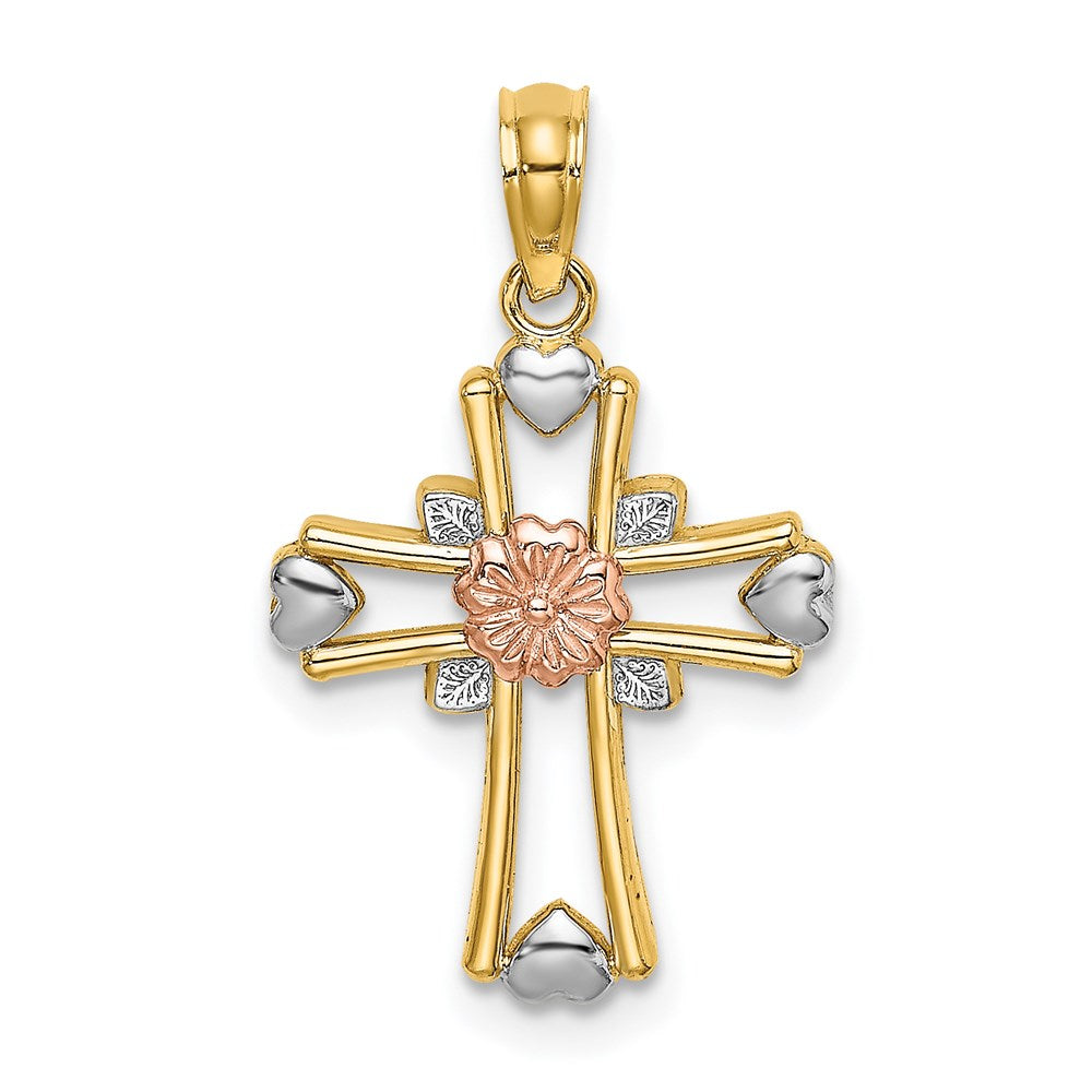 Million Charms 14K Tri-Color Relgious Cross With Flower & Heart Charm