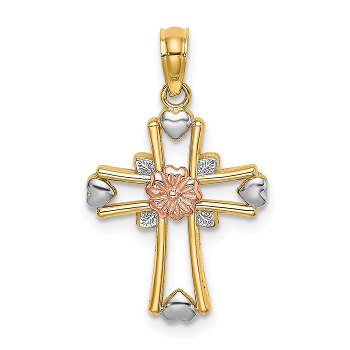 Million Charms 14K Tri-Color Relgious Cross With Flower & Heart Charm