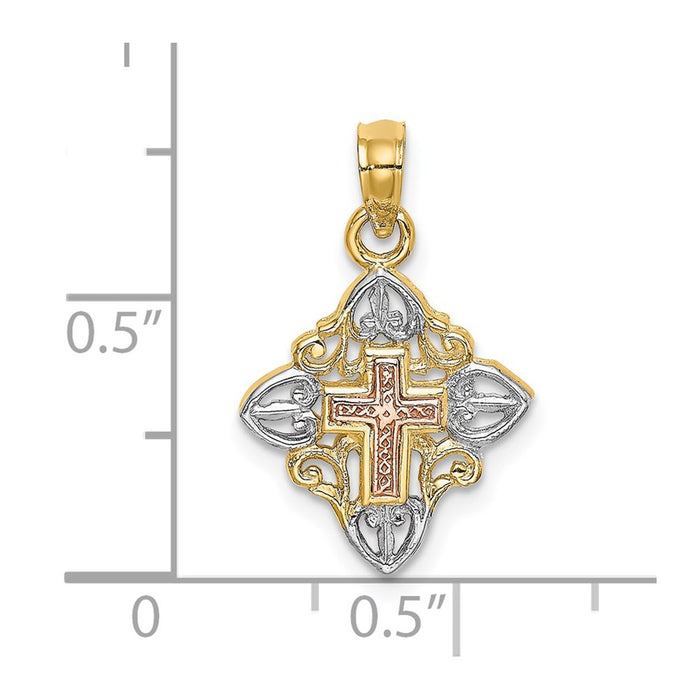 Million Charms 14K Rose & Yellow Gold Themed White Rhodium-plated Relgious Cross Inside Frame Charm