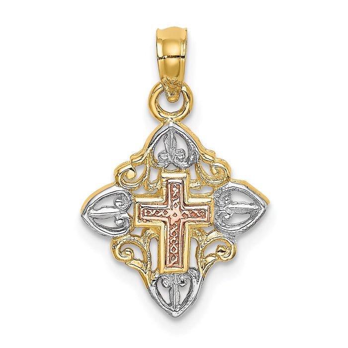 Million Charms 14K Rose & Yellow Gold Themed White Rhodium-plated Relgious Cross Inside Frame Charm