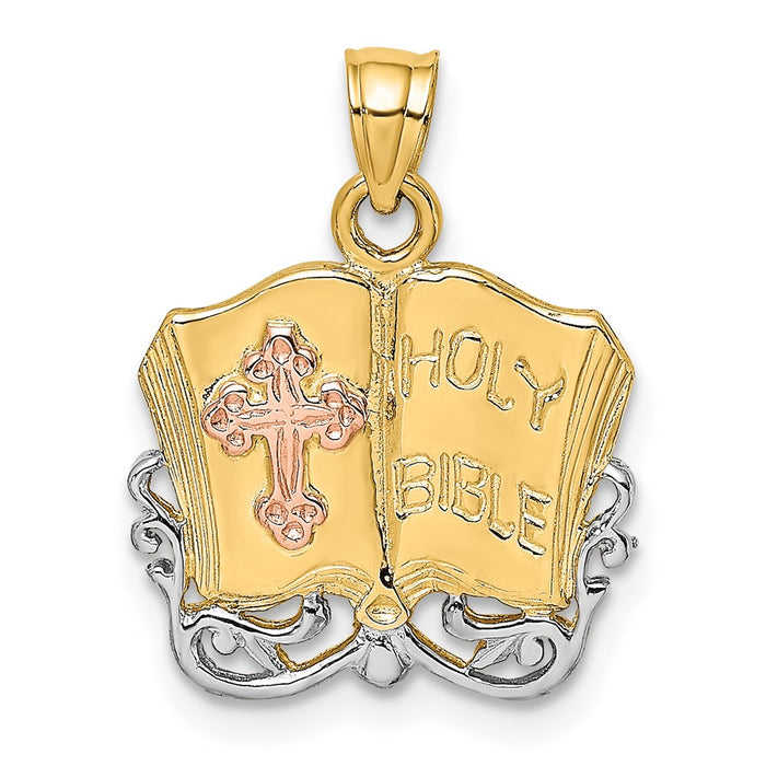 Million Charms 14K Rose & Yellow Gold Themed With Rhodium-Plated Holy Bible & Relgious Cross Charm