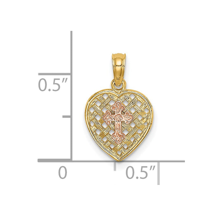 Million Charms 14K Two-Tone Relgious Cross On Woven Heart Charm