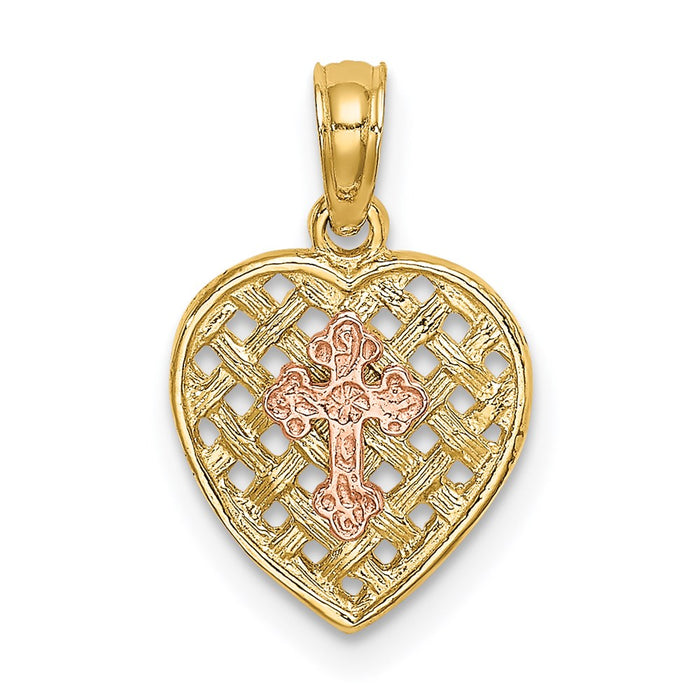 Million Charms 14K Two-Tone Relgious Cross On Woven Heart Charm