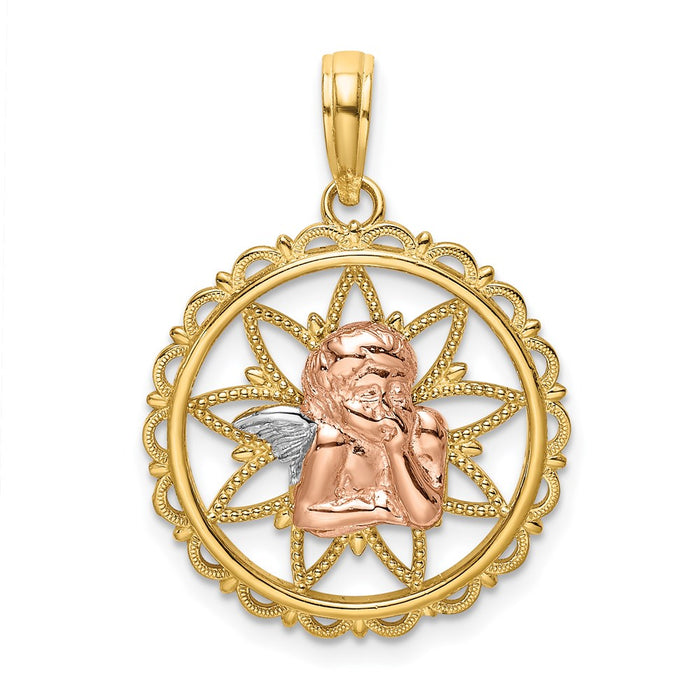 Million Charms 14K Tri-Color Angel Resting On Elbow In Disk Charm