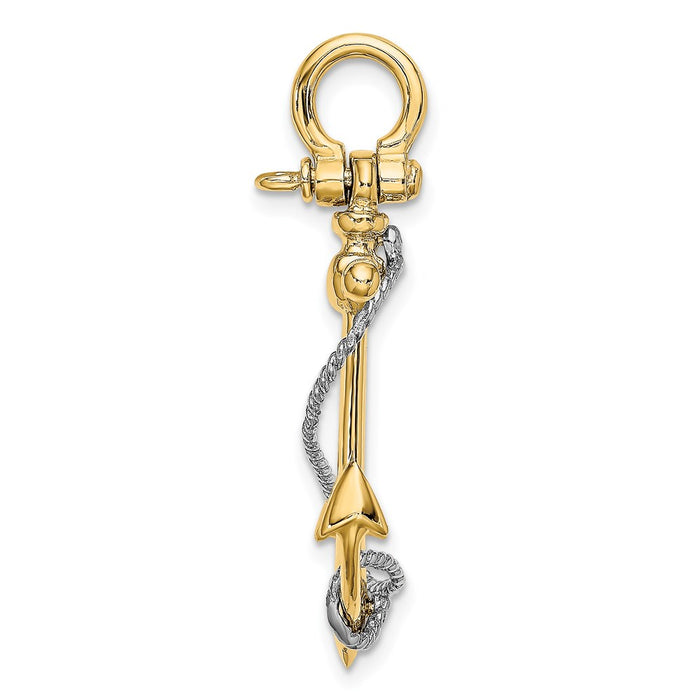 Million Charms 14K 3-D Nautical Anchor With T Bar & Rope With Shackle Bail Charm