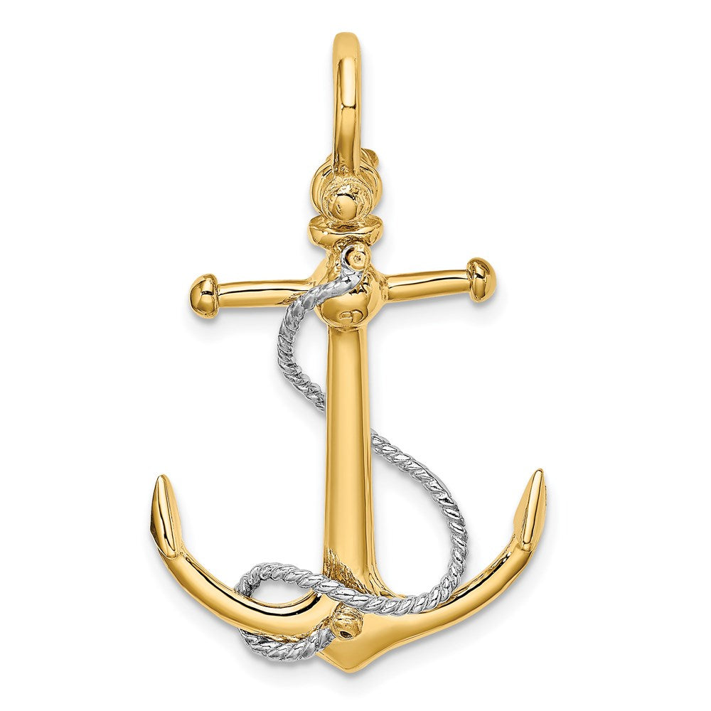 Million Charms 14K 3-D Nautical Anchor With T Bar & Rope With Shackle Bail Charm
