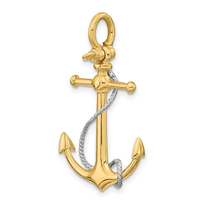 Million Charms 14K 3-D Nautical Anchor With T Bar & Rope With Shackle Bail Charm