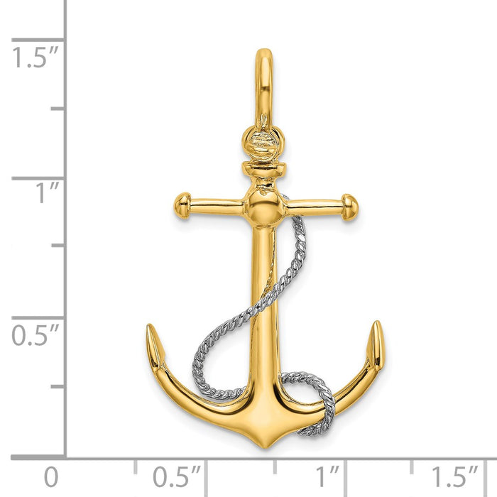 Million Charms 14K 3-D Nautical Anchor With T Bar & Rope With Shackle Bail Charm