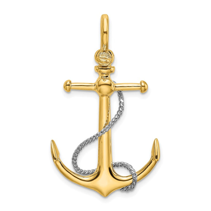 Million Charms 14K 3-D Nautical Anchor With T Bar & Rope With Shackle Bail Charm