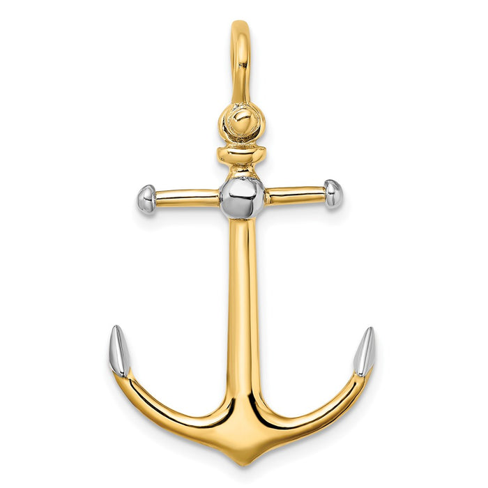 Million Charms 14K Yellow Gold Themed With Rhodium-Plated 3-D Nautical Anchor With Long T Bar With Shackle Bail Charm