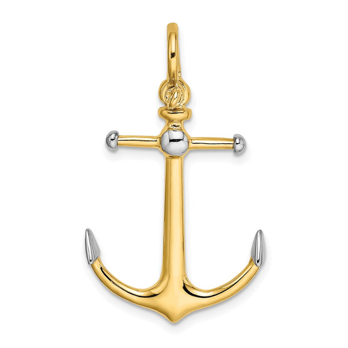 Million Charms 14K Yellow Gold Themed With Rhodium-Plated 3-D Nautical Anchor With Long T Bar With Shackle Bail Charm
