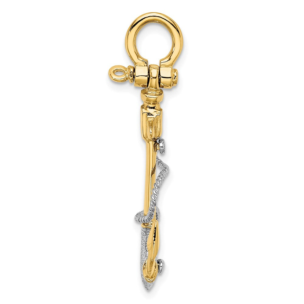 Million Charms 14K Rhodium-Plated 3-D Textured Nautical Anchor With Rope & Shackle Bail Charm