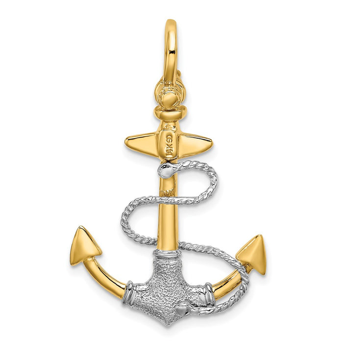 Million Charms 14K Rhodium-Plated 3-D Textured Nautical Anchor With Rope & Shackle Bail Charm