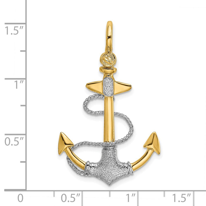 Million Charms 14K Rhodium-Plated 3-D Textured Nautical Anchor With Rope & Shackle Bail Charm