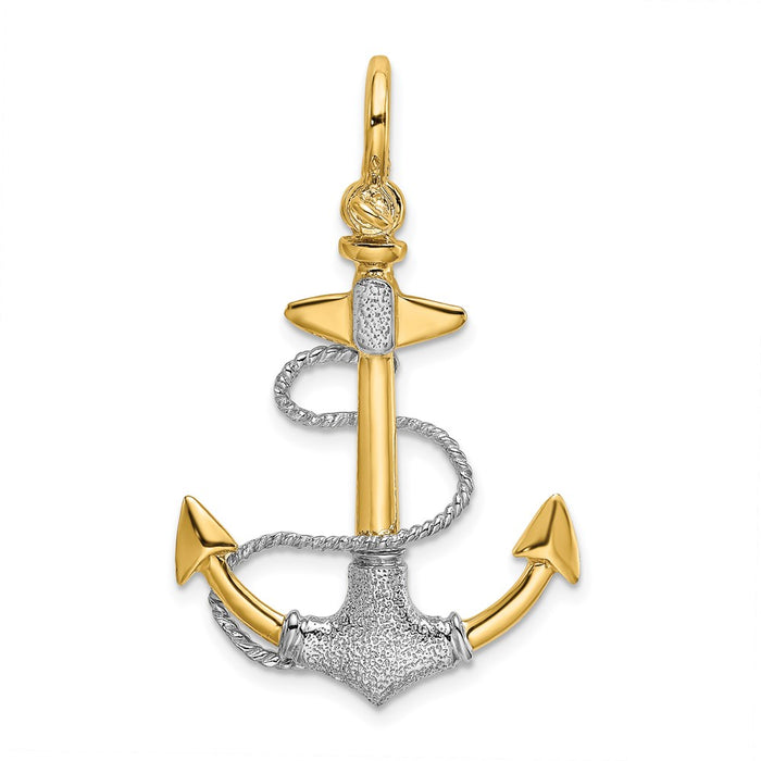 Million Charms 14K Rhodium-Plated 3-D Textured Nautical Anchor With Rope & Shackle Bail Charm