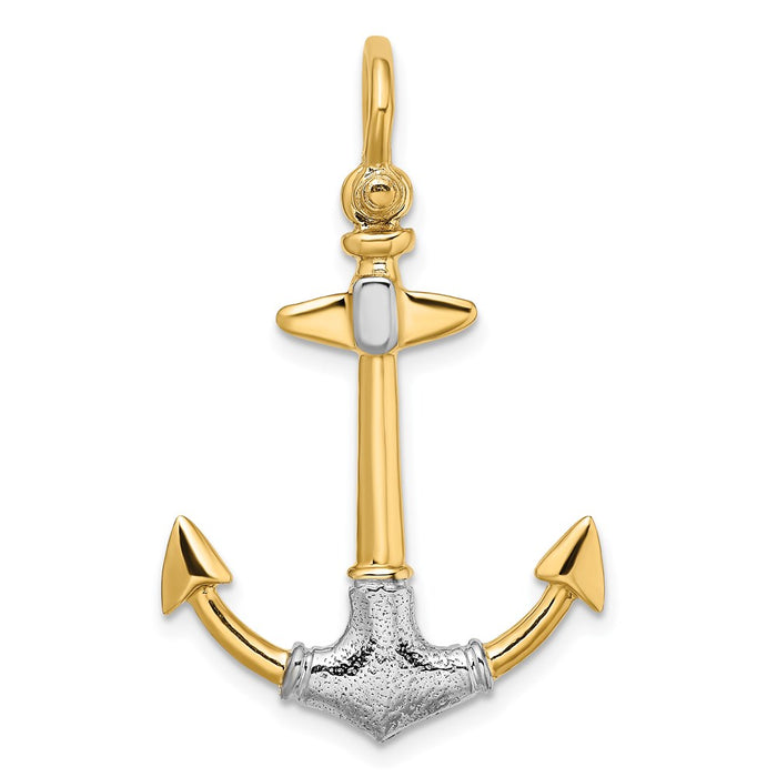 Million Charms 14K Yellow Gold Themed With Rhodium-Plated 3-D Textured Nautical Anchor With Shackle Bail Charm